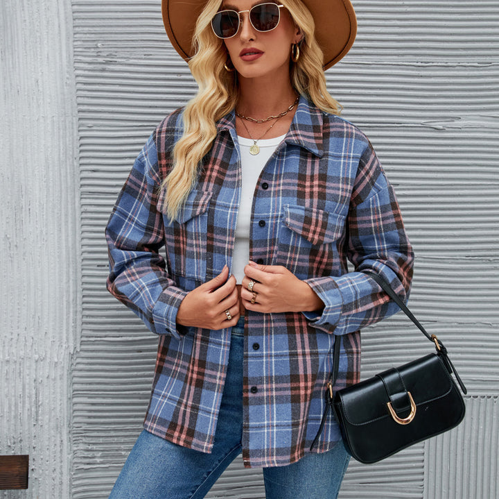 Kvinders flannel skjortejakke med ternet mønster og praktisk lomme-design Stilla