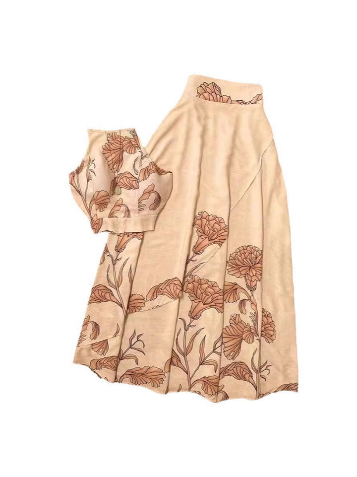 Dame sommerligt crop-top og maxiskørt sæt med blomsterdesign Stilla