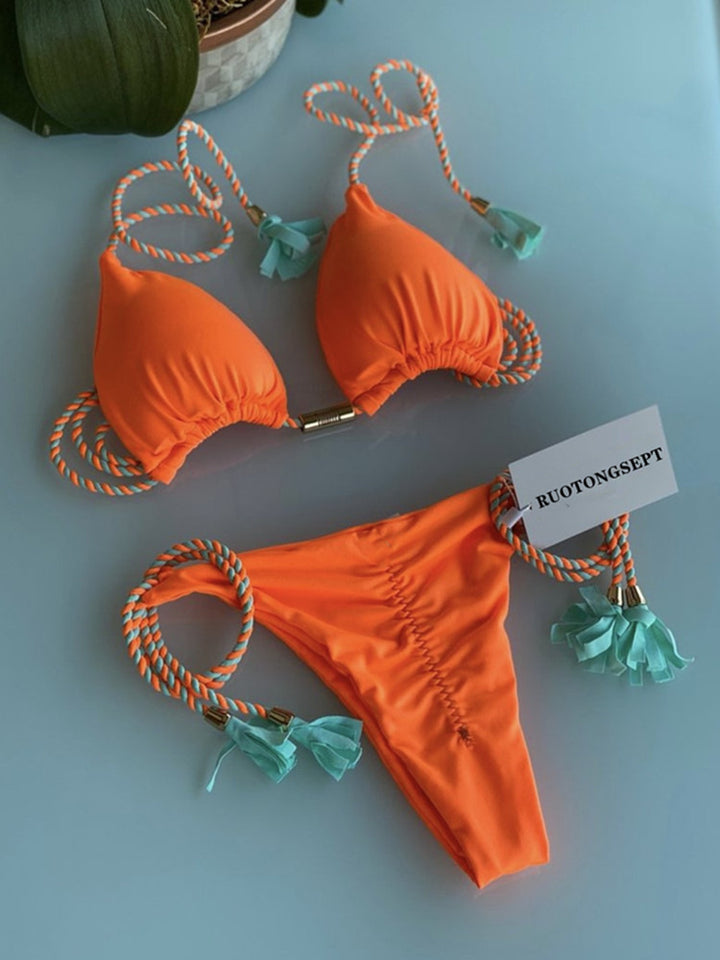 Dame triangel-bikini med moderne leopardmønster og dekorative frynser Skovae