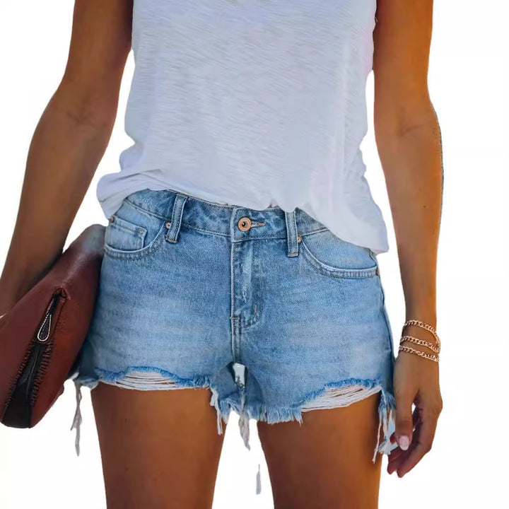Dame Ødelagte Denim Shorts med Frynser og Høj Talje Stilla