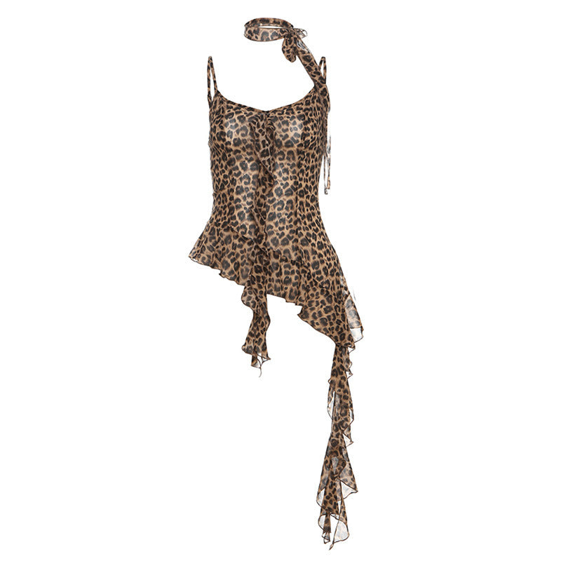 Dame asymmetrisk top med frynset ruffle detaljer i leopardmønster Stilla