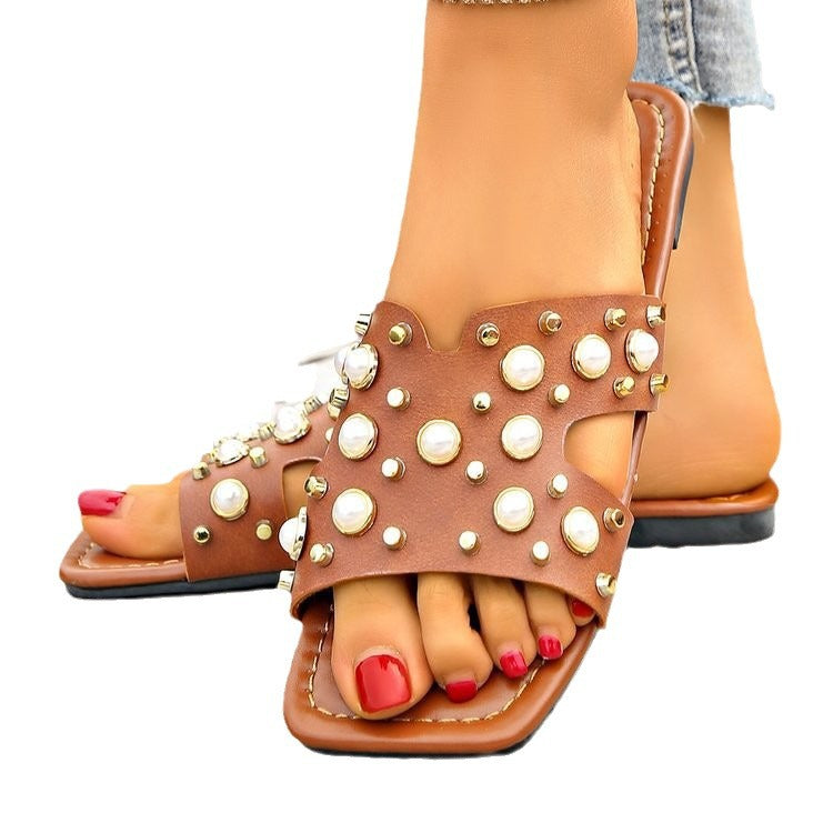 Dame elegante Slide-sandaler med perle- og nitte-detaljer Stilla
