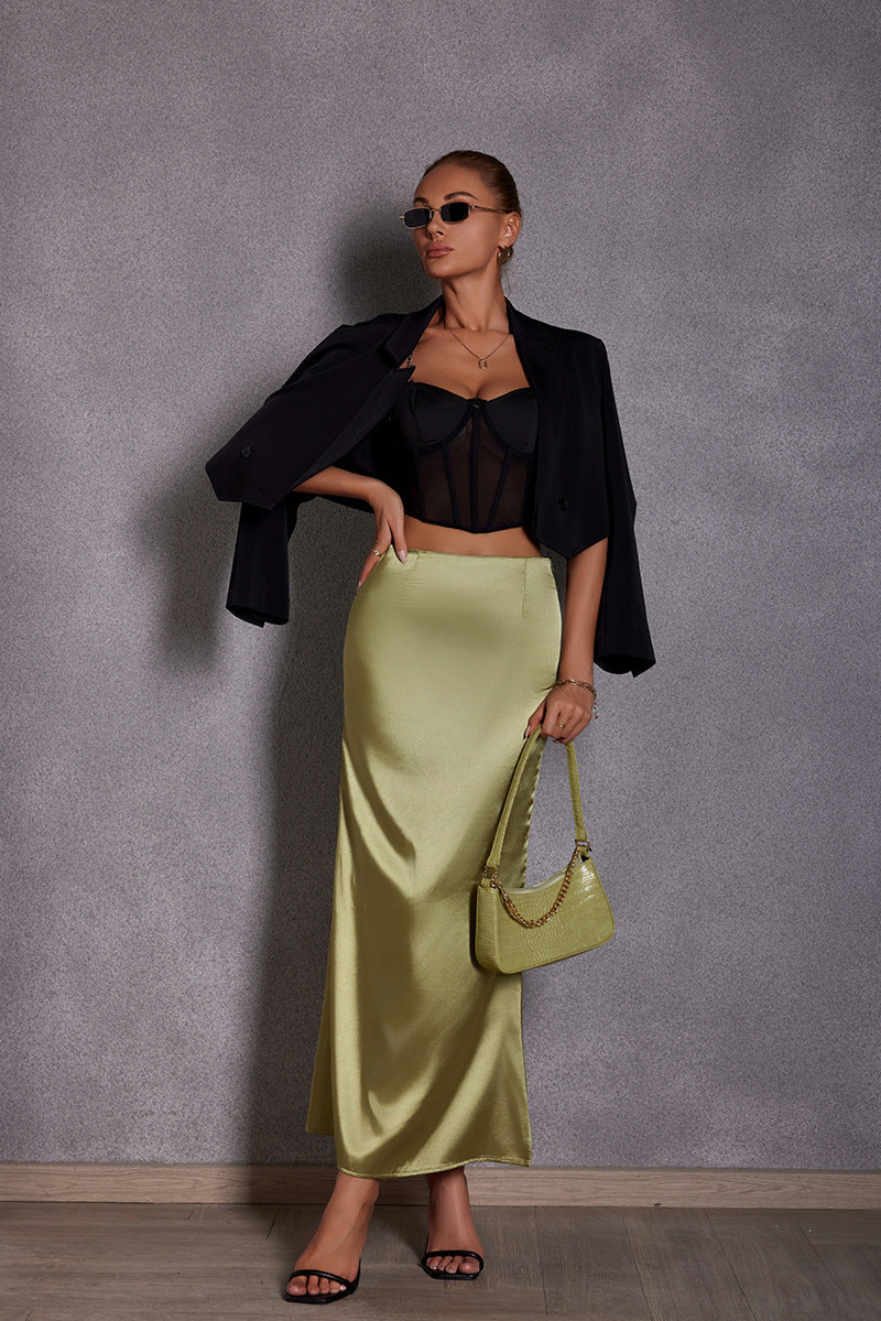 Dame Elegant Maxi Skirt i skinnende satin med høj slids Skovae