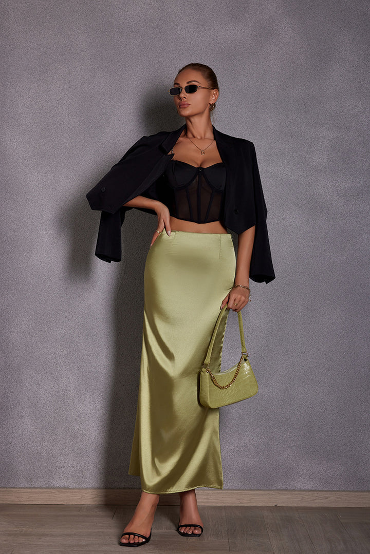 Dame Elegant Maxi Skirt i skinnende satin med høj slids Skovae