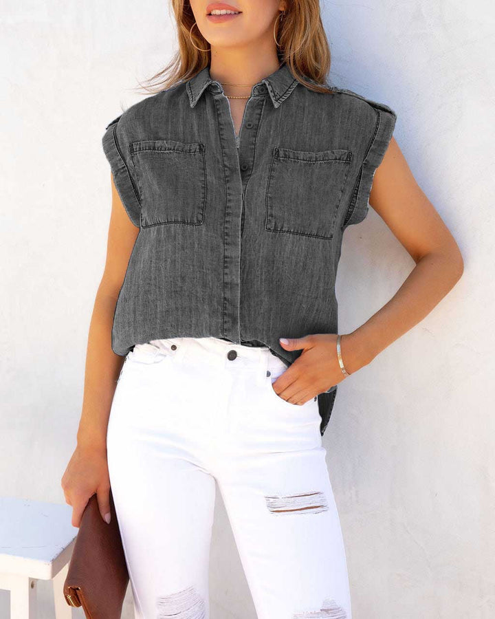Kvinders kortærmede skjorte bluse i denim-look med brystlommer Stilla