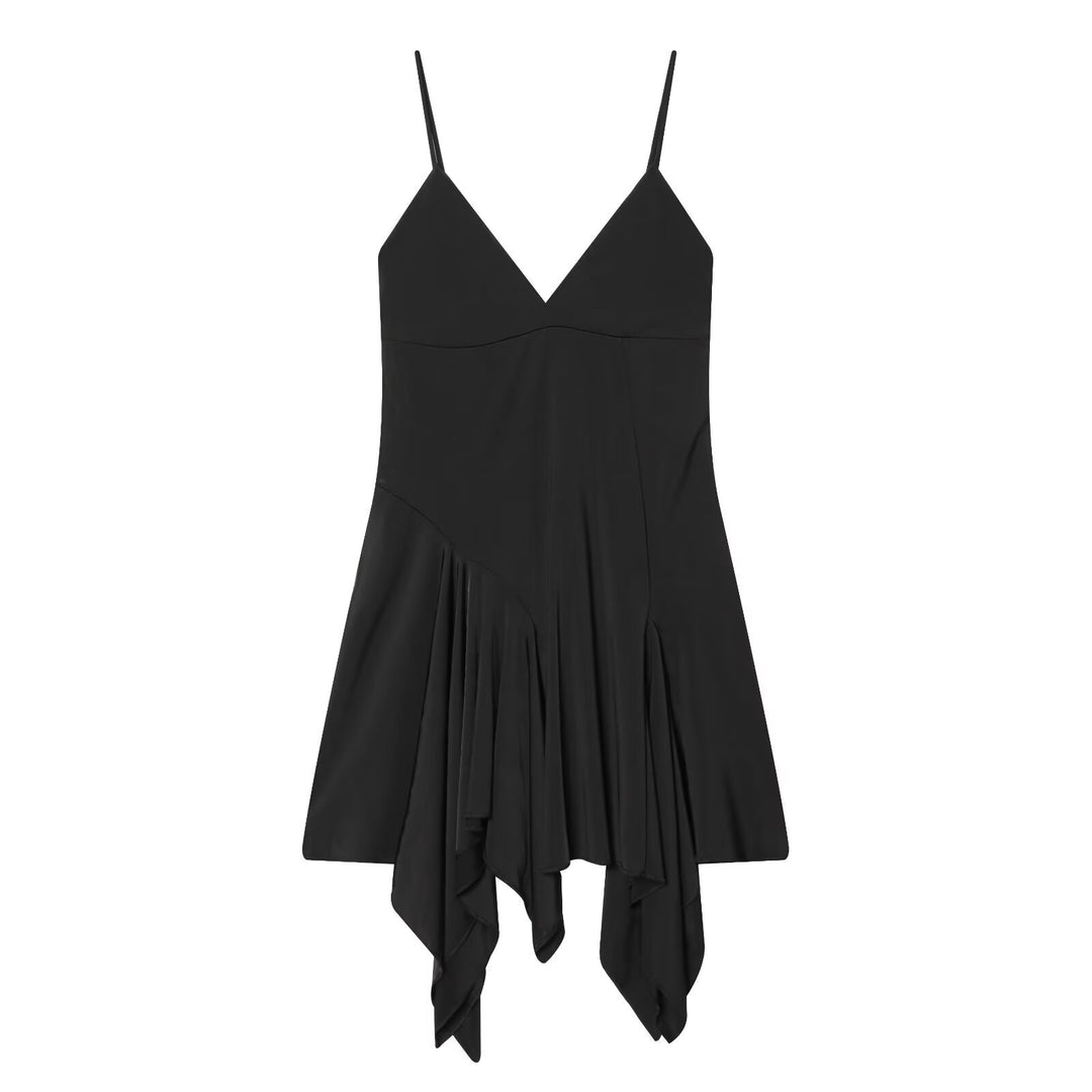 Dame flydende spaghetti-stropkjole med asymmetrisk søm og elegant drapering Skovae