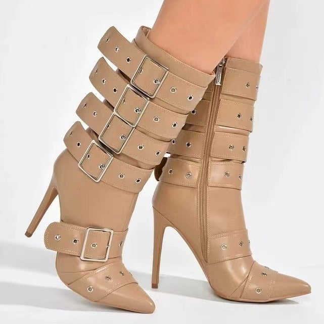Dame Statement Stiletto Støvler med dekorative spænder og nitter Stilla