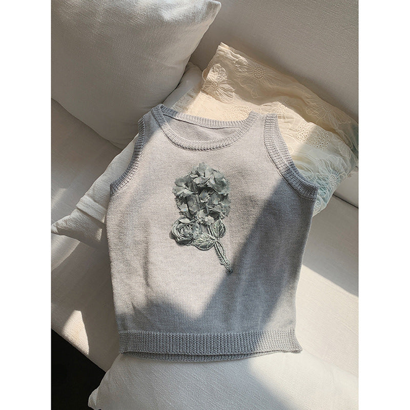 Dame ærmeløs pullover-top med floralt applikationsdesign Stilla