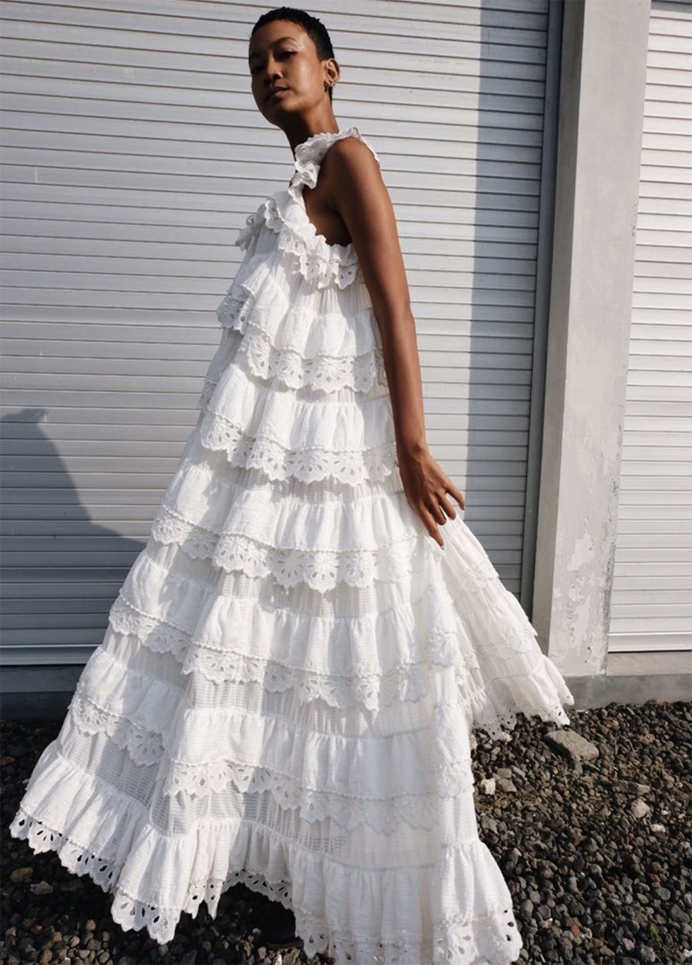 Dame Langærmet Maxi-Kjole med spidsbesatte Ruffles-detaljer Stilla