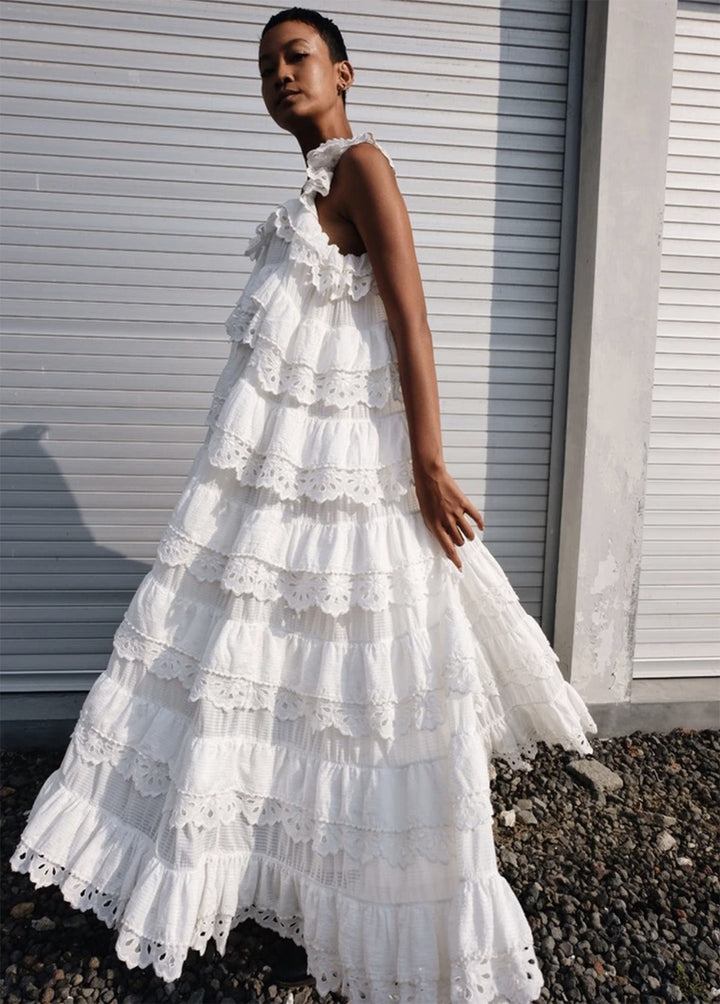 Dame Langærmet Maxi-Kjole med spidsbesatte Ruffles-detaljer Stilla