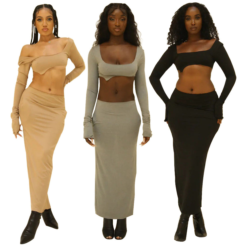 Dame Crop Top og Maxi Nederdel med asymmetrisk Design Stilla