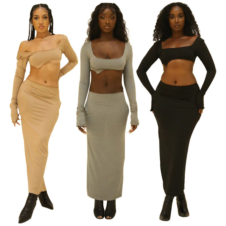 Dame Crop Top og Maxi Nederdel med asymmetrisk Design Stilla