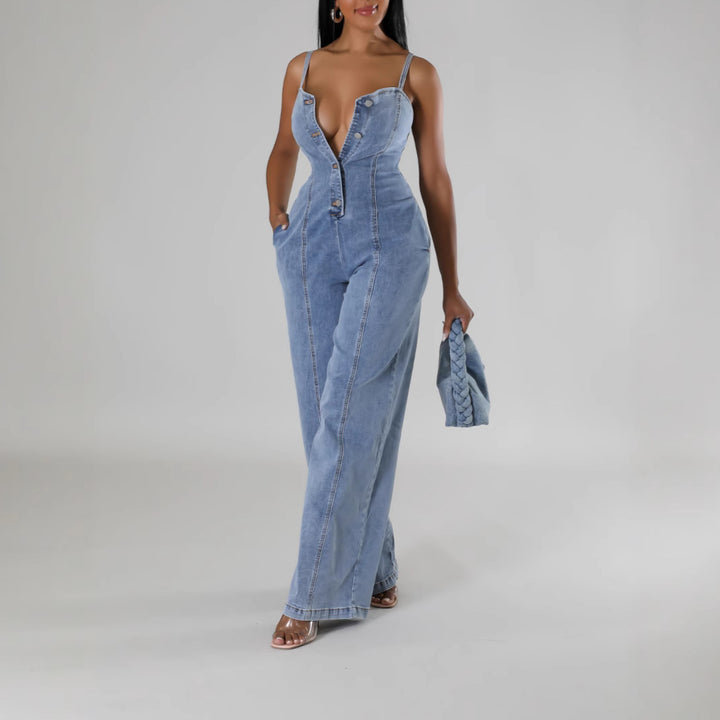 Dame Denim Jumpsuit med knapstol Stilla