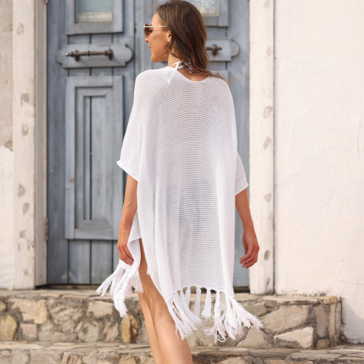 Dame Strandponcho med frynset kant og elegant netværksdesign Stilla
