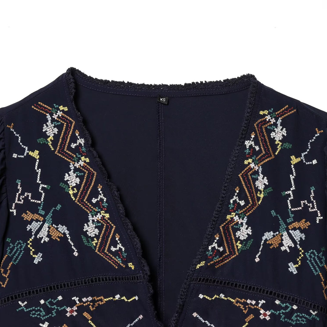 Dame kort bluse kimono med kunstnerisk broderi og talje snøring Skovae