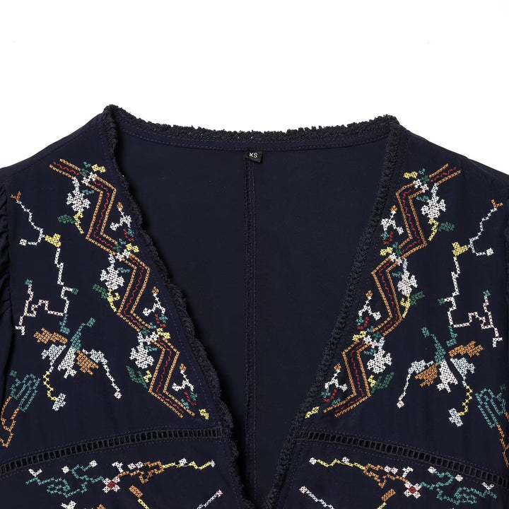 Dame kort bluse kimono med kunstnerisk broderi og talje snøring Skovae