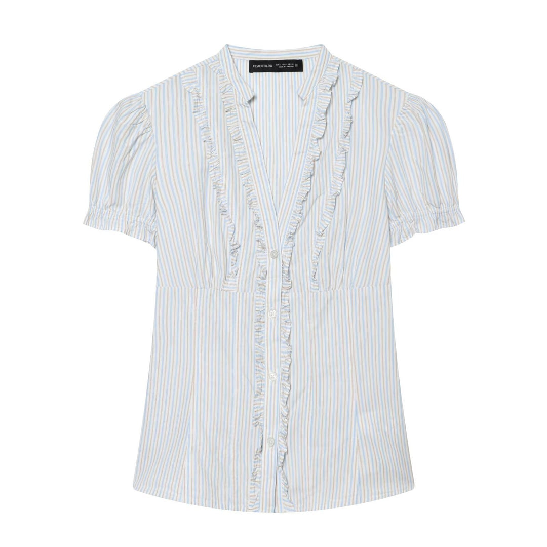 Damebluse med dekorative flæse detaljer og fine striber Skovae