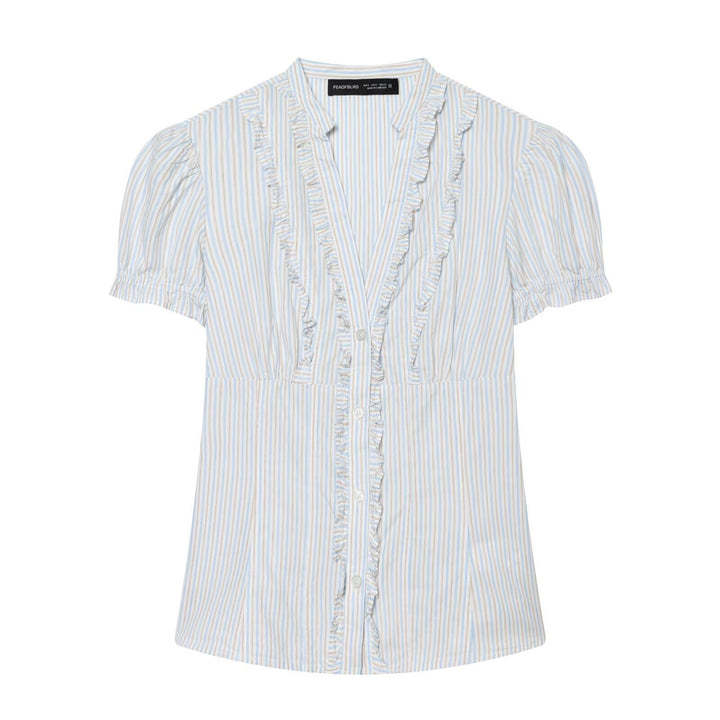 Damebluse med dekorative flæse detaljer og fine striber Skovae