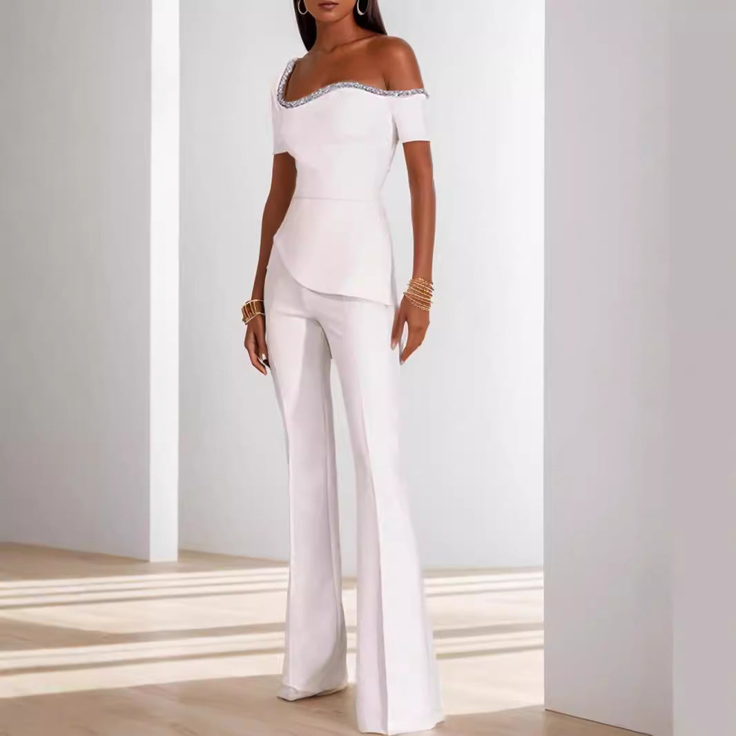 Dame off-shoulder top med raffineret flæse og elegant bukse-sæt Stilla