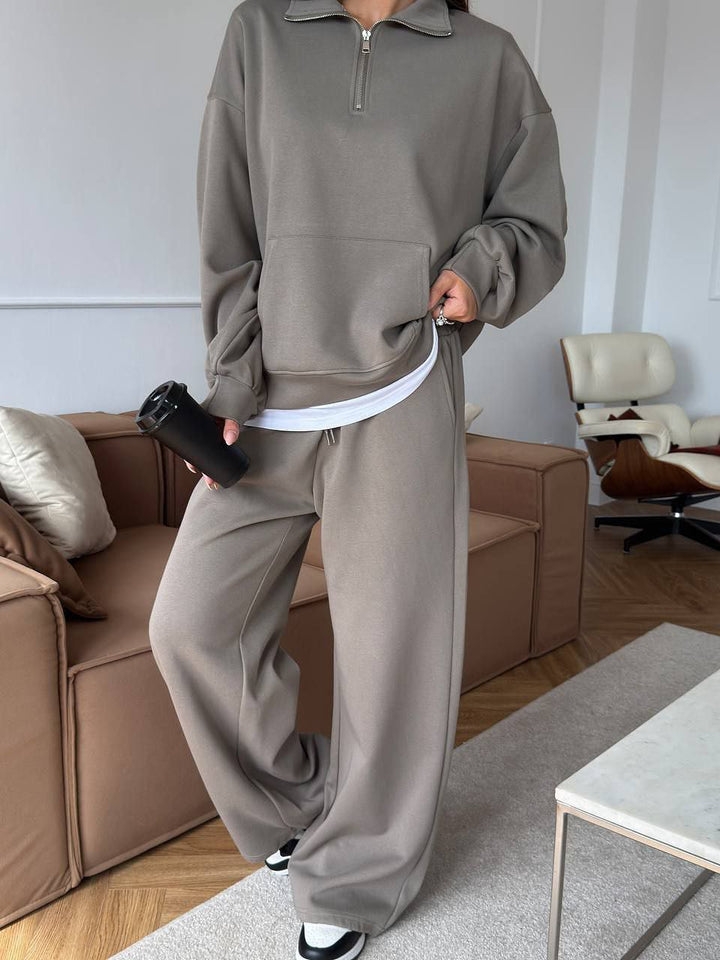 Kvinders sporty pullover med halvlukning og brede bukser Skovae