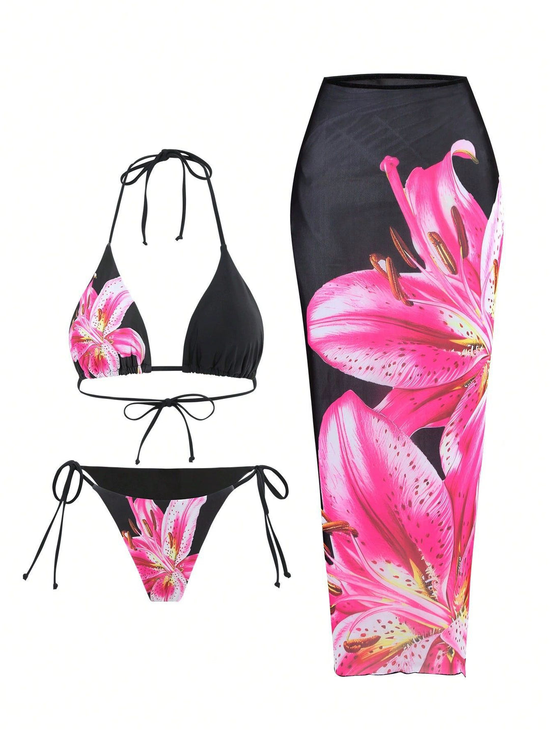 Dame Strand-Bikini med raffineret floral design og matchende lang sarong Stilla