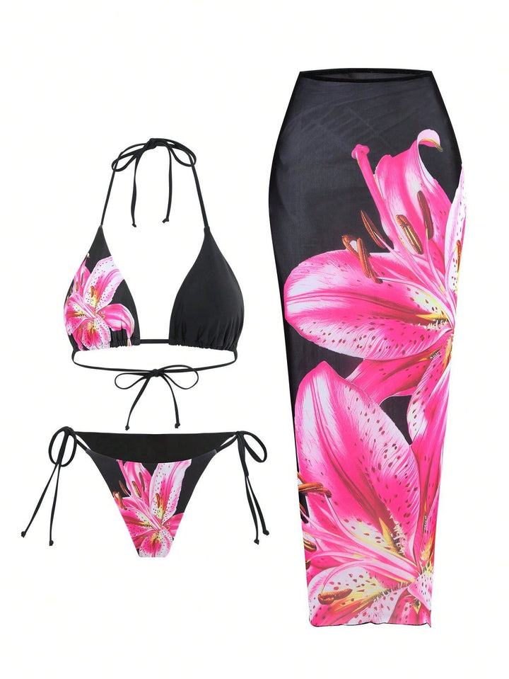 Dame Strand-Bikini med raffineret floral design og matchende lang sarong Stilla