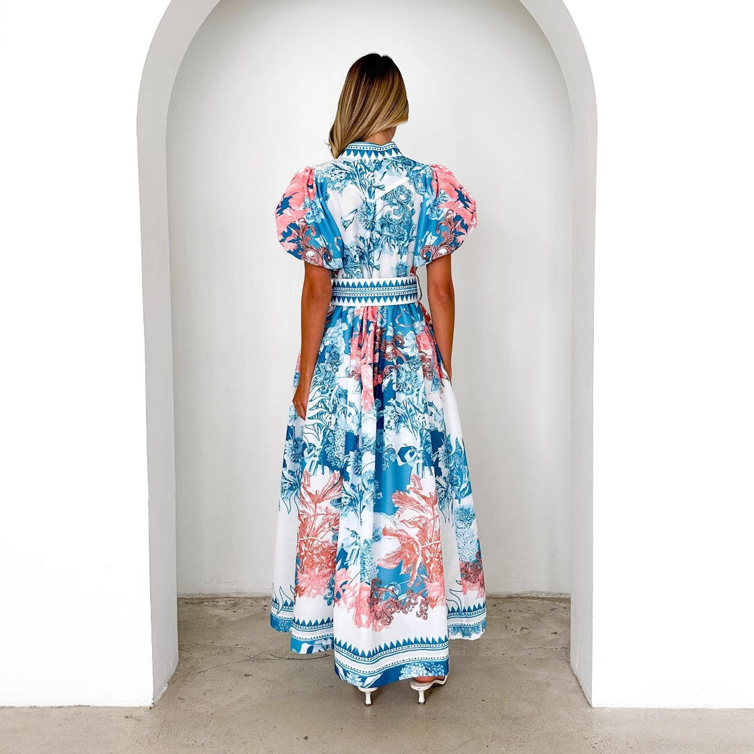 Dame Maxikjole med legende blomsterdesign og elegante pufærmer Stilla