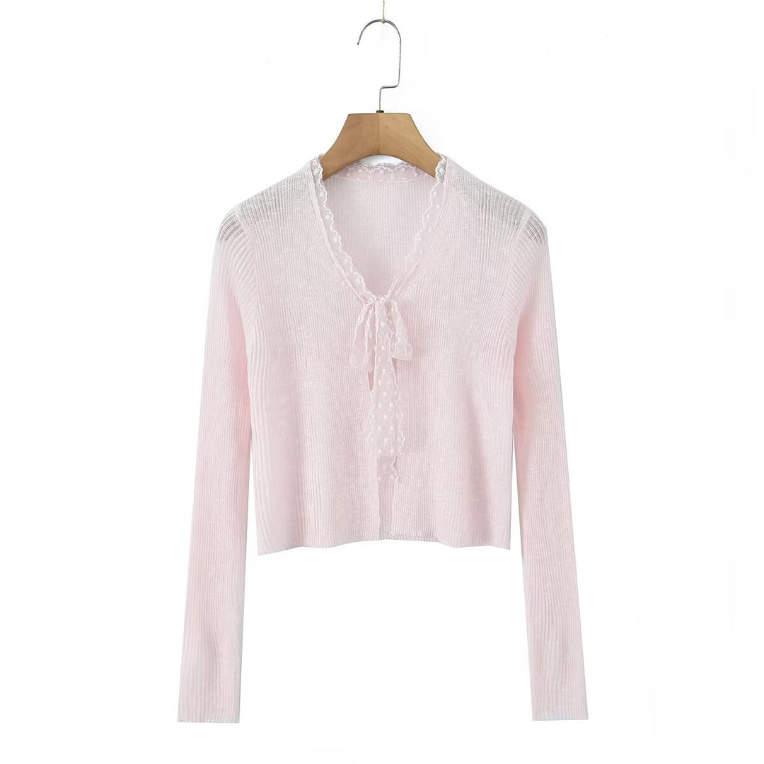 Dame elegant, kort skåret cardigan med delikate flæse detaljer Stilla