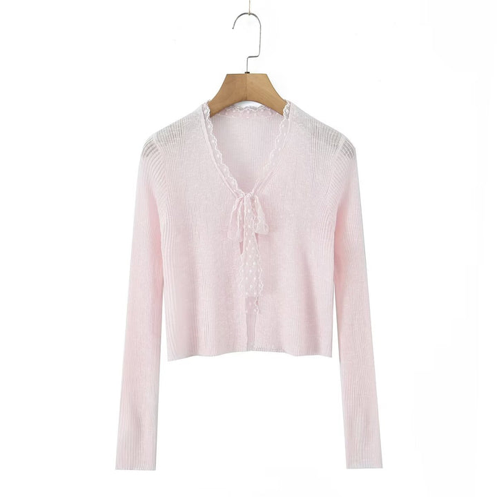 Dame elegant, kort skåret cardigan med delikate flæse detaljer Stilla