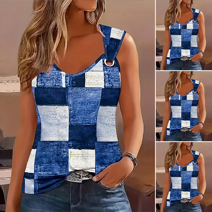 Dame ærmeløs overdel med patchwork-design og dekorativ knap Stilla