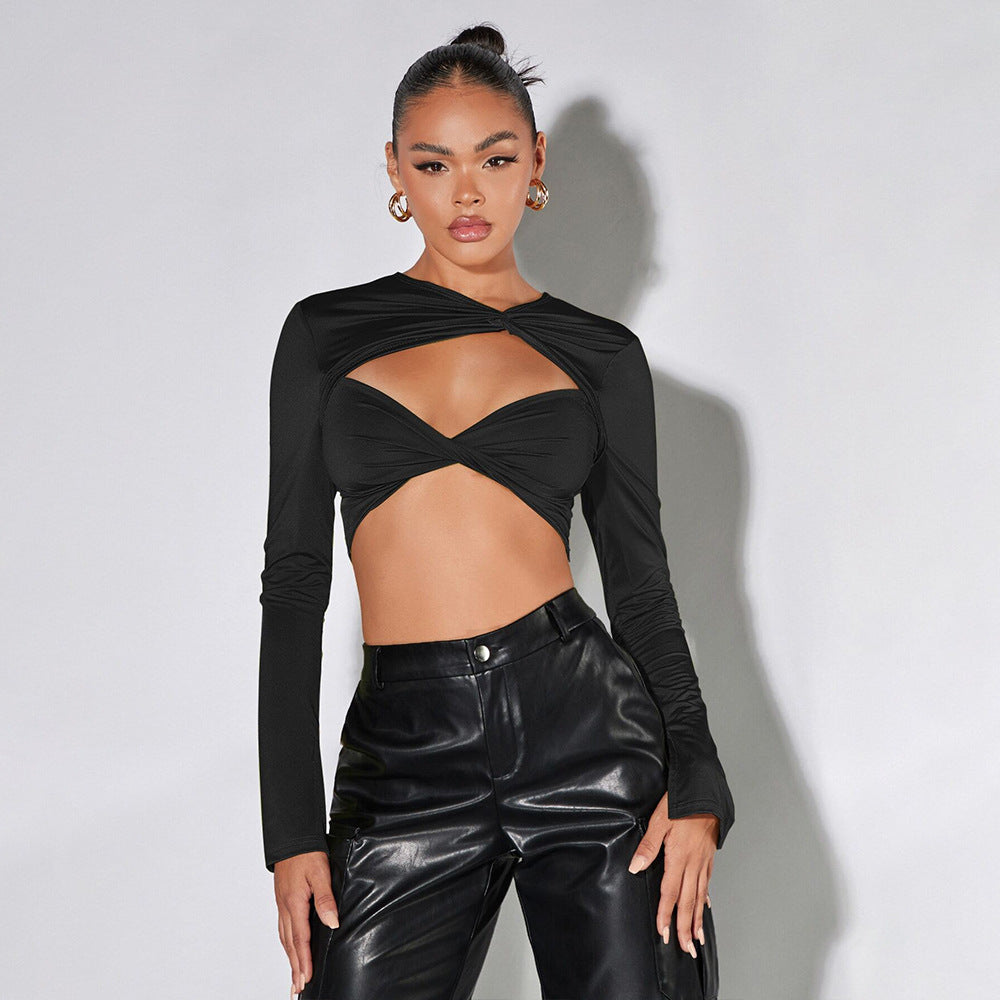 Dame Crop Top med sofistikerede drapering detaljer og lange ærmer Stilla