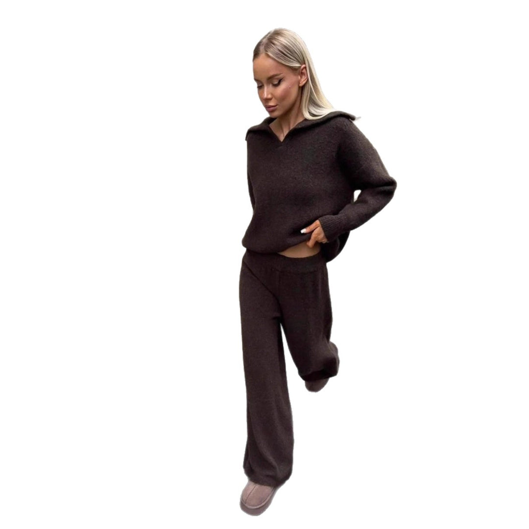 Dame hyggelig strik sæt med cropped sweater og brede bukser Stilla