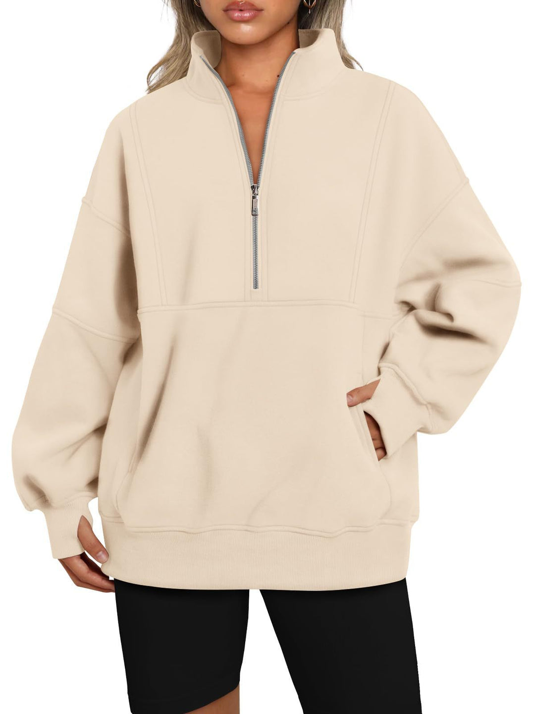 Dame Sporty Hoodie med halvdelen lynlås og voluminøse ærmer Stilla