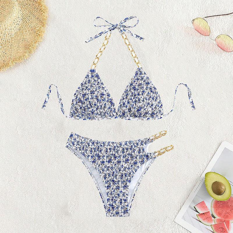 Dame triangle-bikini med kunstnerisk mønster og justerbare kæder Skovae