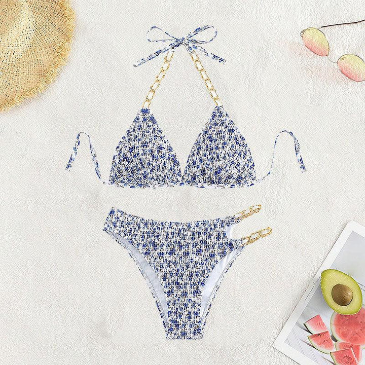 Dame triangle-bikini med kunstnerisk mønster og justerbare kæder Skovae