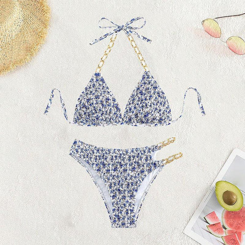 Dame triangle-bikini med kunstnerisk mønster og justerbare kæder Skovae