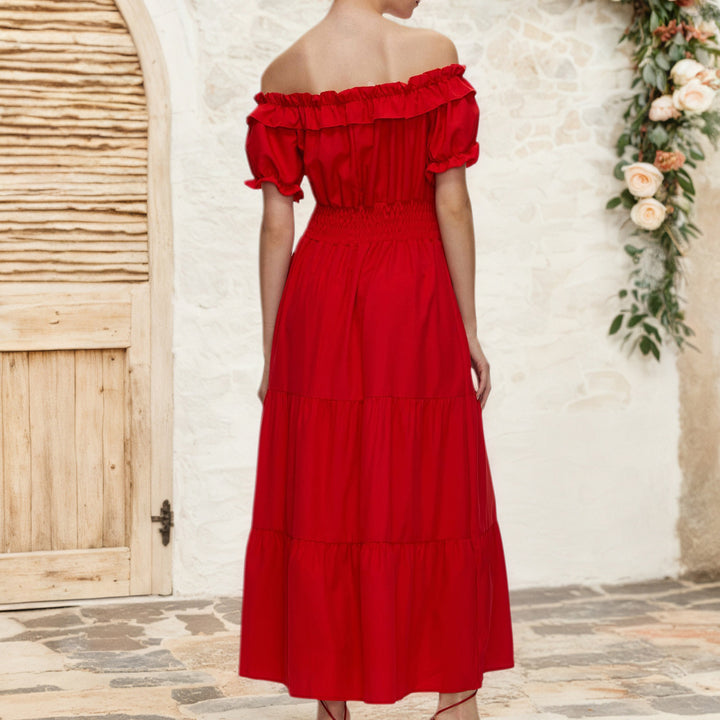 Dame Off-Shoulder Maxikjole med elastisk taljebånd og flæse detaljer Stilla