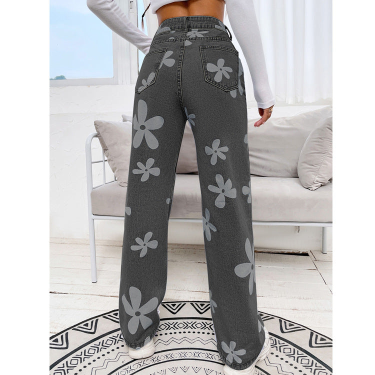 Dame løstsiddende jeans med blomster mønstre Stilla