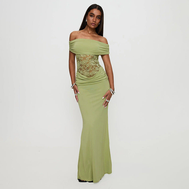 Femme Off-Shoulder Spids Accent Maxi Kjole Stilla
