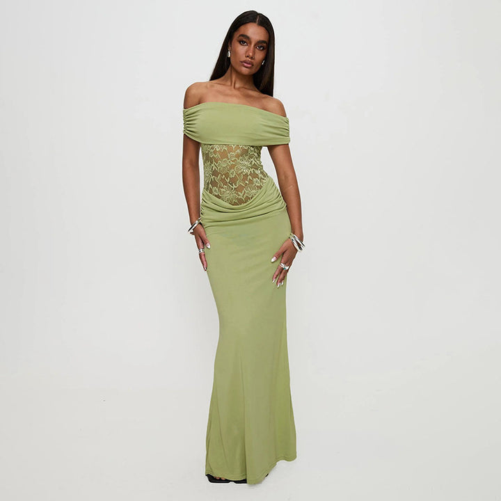Femme Off-Shoulder Spids Accent Maxi Kjole Stilla