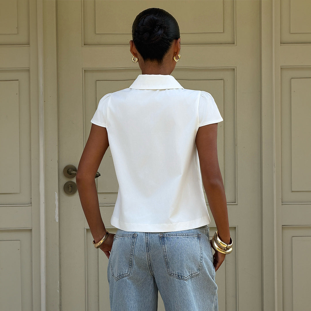 Dame elegant bluse med fine knapdetaljer og krave Skovae