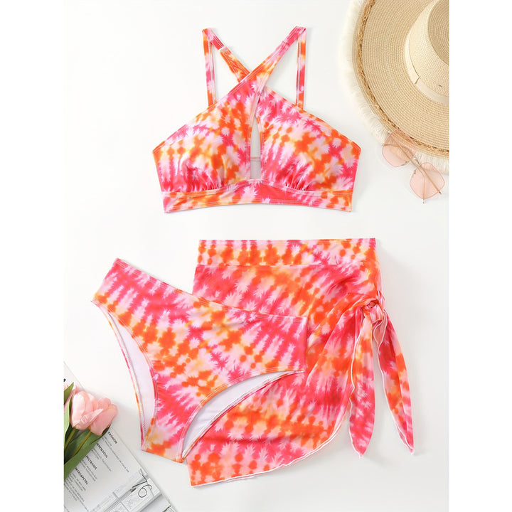 Dame Triangel-Bikini-Sæt med Sarong og moderne farvemønster Stilla