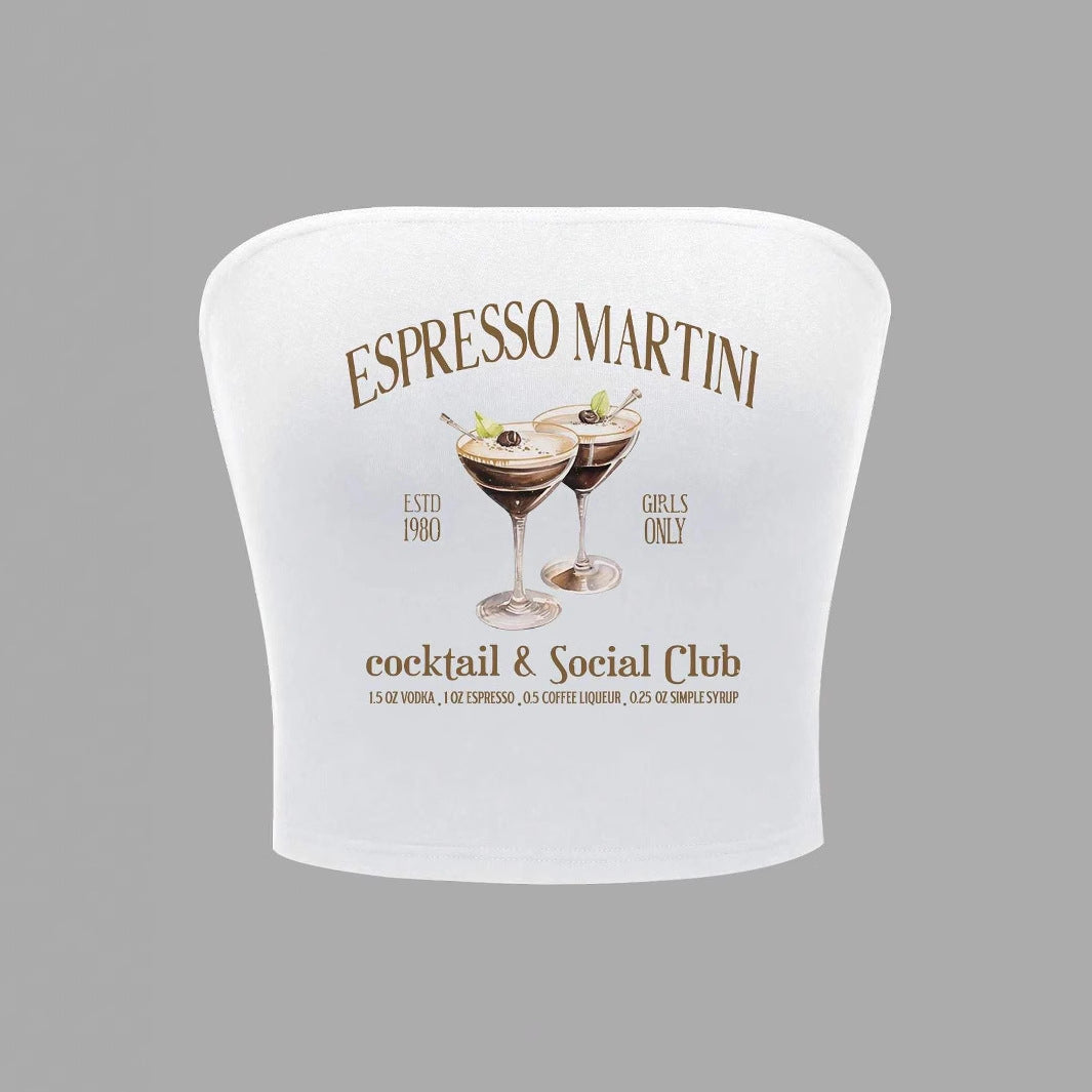 Dame Bandeau Top med Espresso Martini print og figursyet snit Skovae