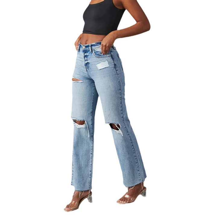 Dame High-Waist Ødelagte Jeans med frynset kant Stilla