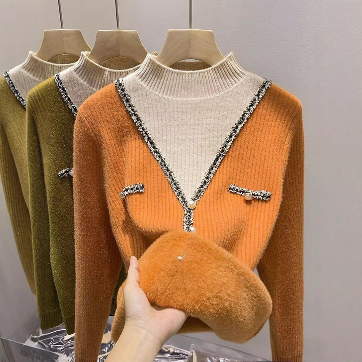 Dame mode V-hals pullover med glimmerdetaljer og knapper Stilla