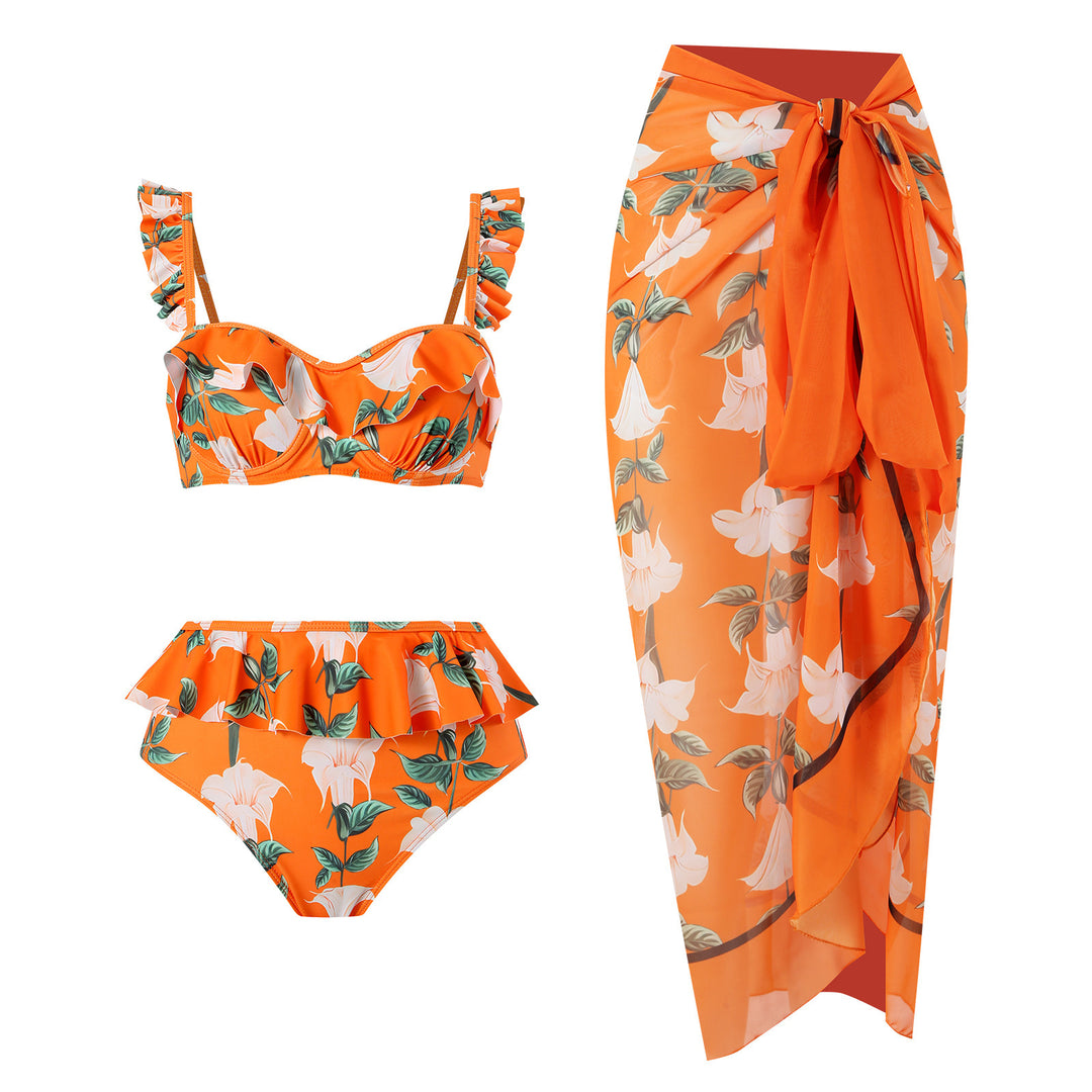 Dame Bikini Sæt med Flæser og Blomster Mønster Stilla