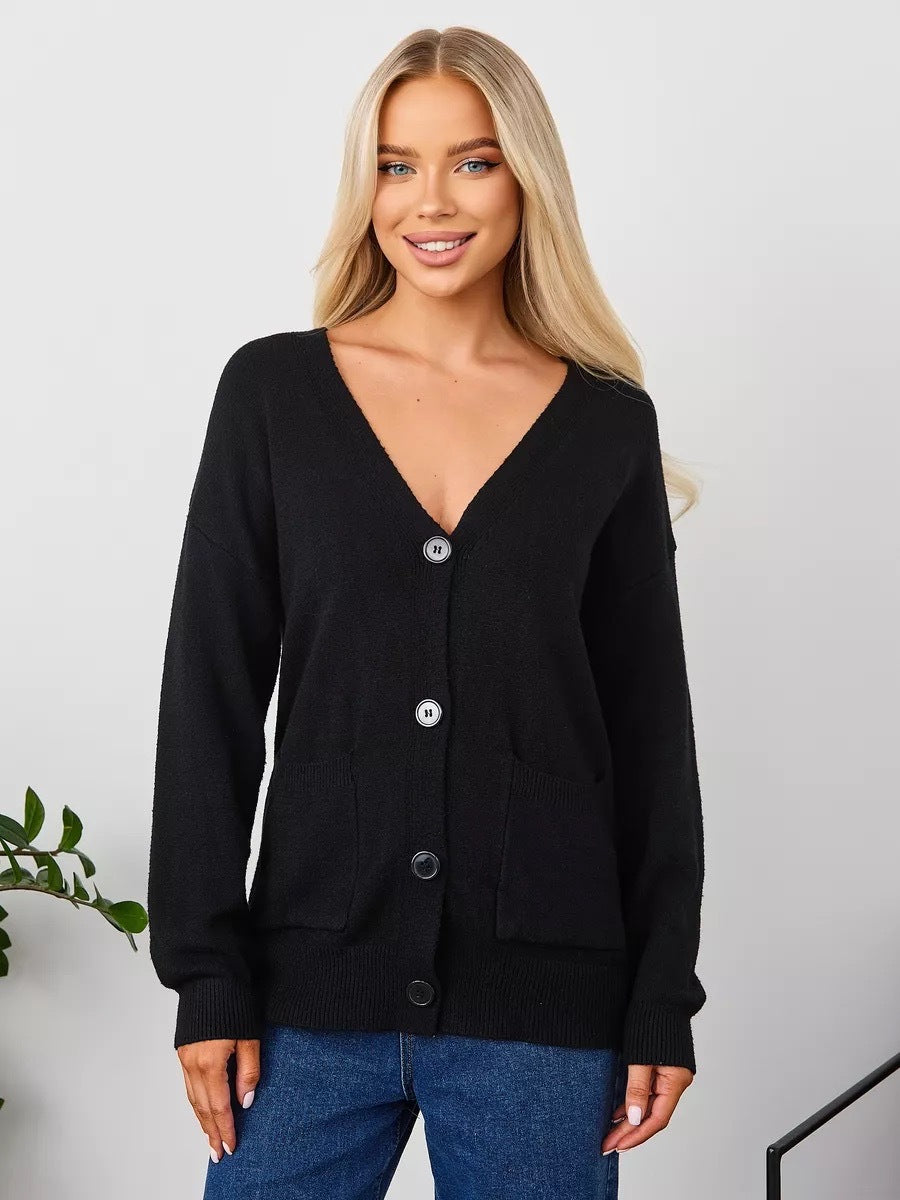 Kvinders chunky strik cardigan med dyb V-hals og praktiske lommer Stilla