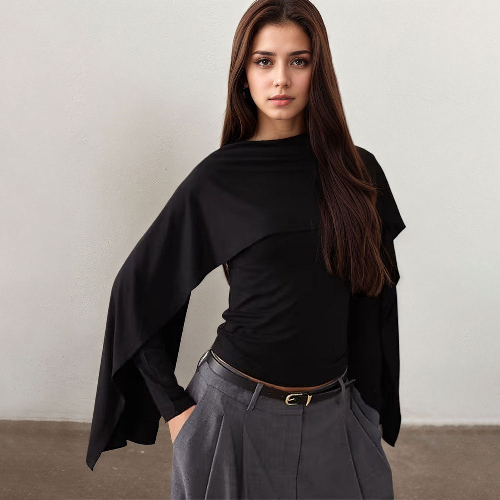Dame Elegant Top med Asymmetrisk Design og Bredskårne Ærmer Stilla