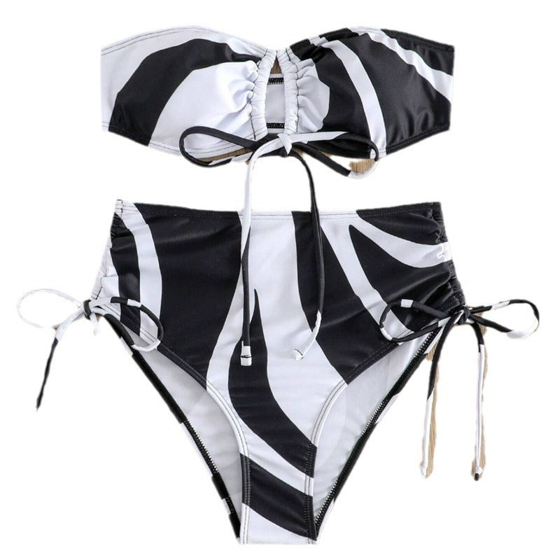 Dame Bandeau-Bikini-sæt med justerbar top og trendy tryk Stilla