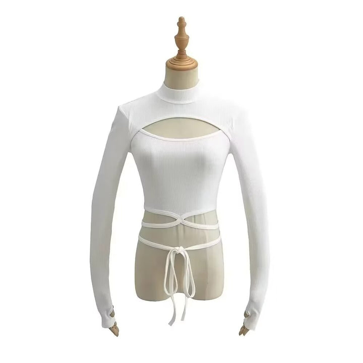 Dame crop langærmet top med fashionable bindebælte og raffinerede cut-out detaljer Stilla